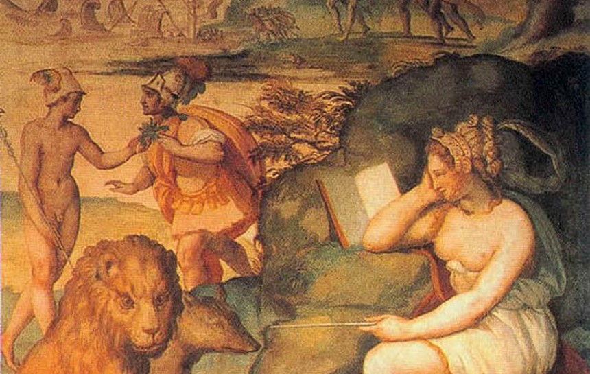 Circe, con Hermes che offre il moly ad Odisseo. Affresco, A. Allori (1580)
