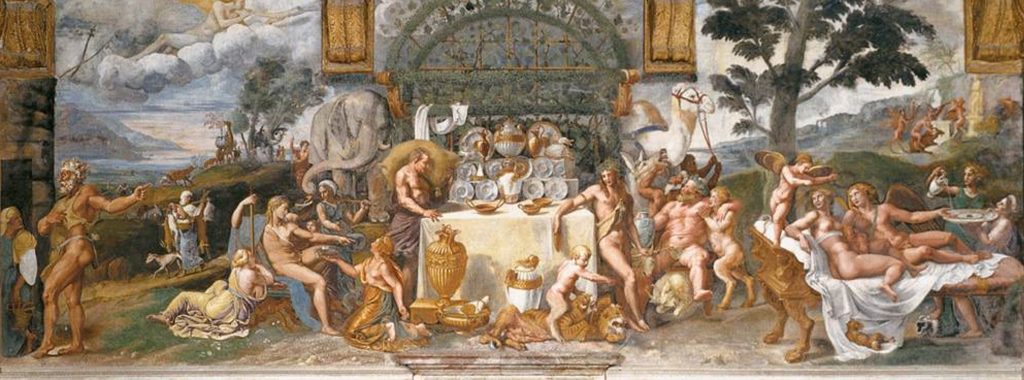 Giulio Romano, Il banchetto degli dei alla fine di Amore e Psiche (1526-1528). Mantova, Palazzo Te, sala di Amore e Psiche